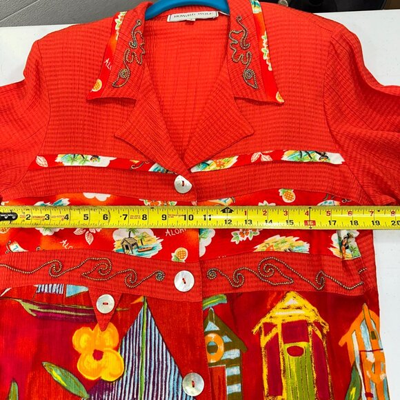 Vtg Howard Wolf 80's Woman Orange Floral Hawaiian Shirt Blouse Size 4 - Picture 4 of 15